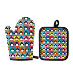 Cute Colorful Penguin Pattern Print Oven Mitt And Pot Holder Set