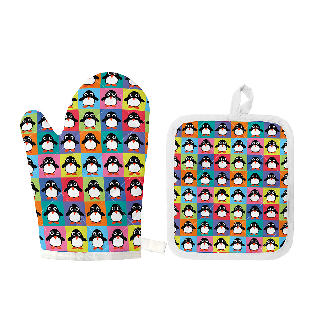 Cute Colorful Penguin Pattern Print Oven Mitt And Pot Holder Set