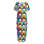 Cute Colorful Penguin Pattern Print Short Sleeve Long Nightdress