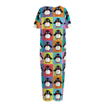 Cute Colorful Penguin Pattern Print Short Sleeve Long Nightdress