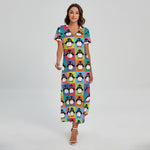Cute Colorful Penguin Pattern Print Short Sleeve Maxi Dress