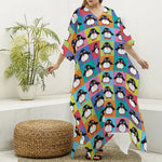 Cute Colorful Penguin Pattern Print Silk V-Neck Kaftan Dress