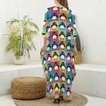 Cute Colorful Penguin Pattern Print Silk V-Neck Kaftan Dress