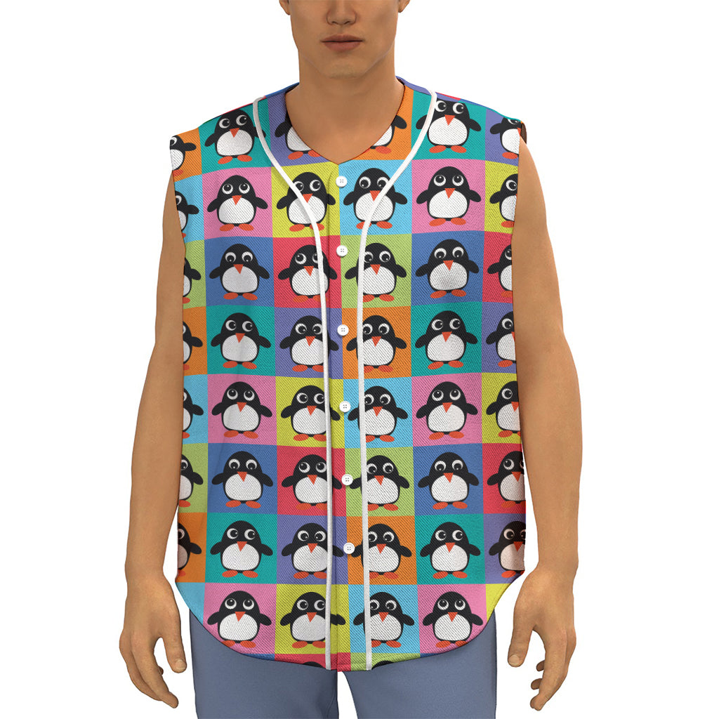 Cute Colorful Penguin Pattern Print Sleeveless Baseball Jersey