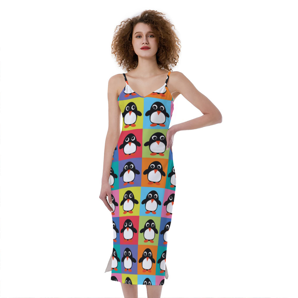 Cute Colorful Penguin Pattern Print Slim Fit Midi Cami Dress