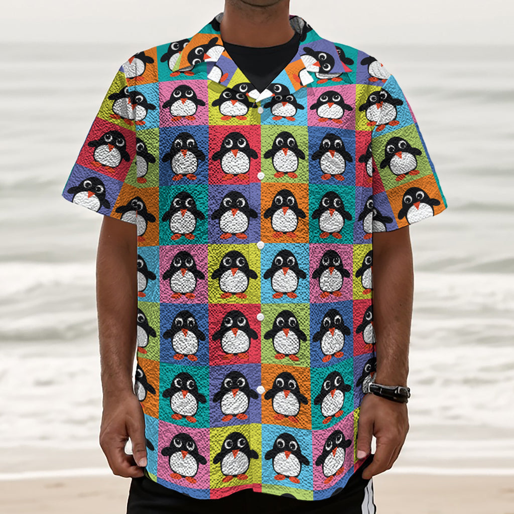 Cute Colorful Penguin Pattern Print Textured Short Sleeve Shirt