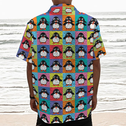 Cute Colorful Penguin Pattern Print Textured Short Sleeve Shirt