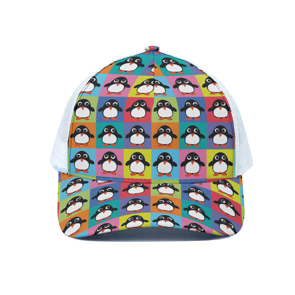 Cute Colorful Penguin Pattern Print White Mesh Trucker Cap