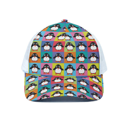 Cute Colorful Penguin Pattern Print White Mesh Trucker Cap