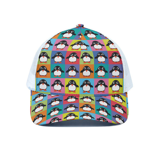 Cute Colorful Penguin Pattern Print White Mesh Trucker Cap