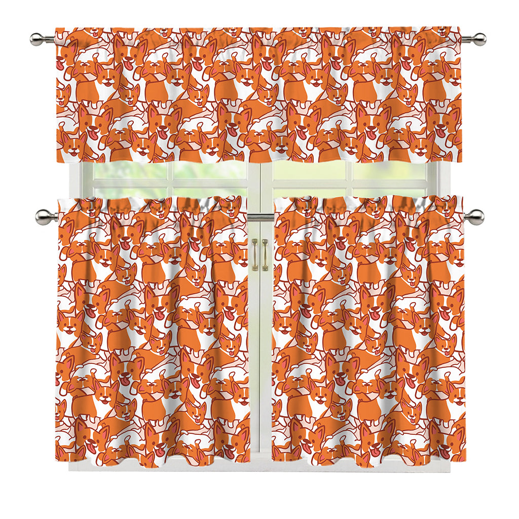 Cute Corgi Pattern Print 3 Piece Kitchen Curtains