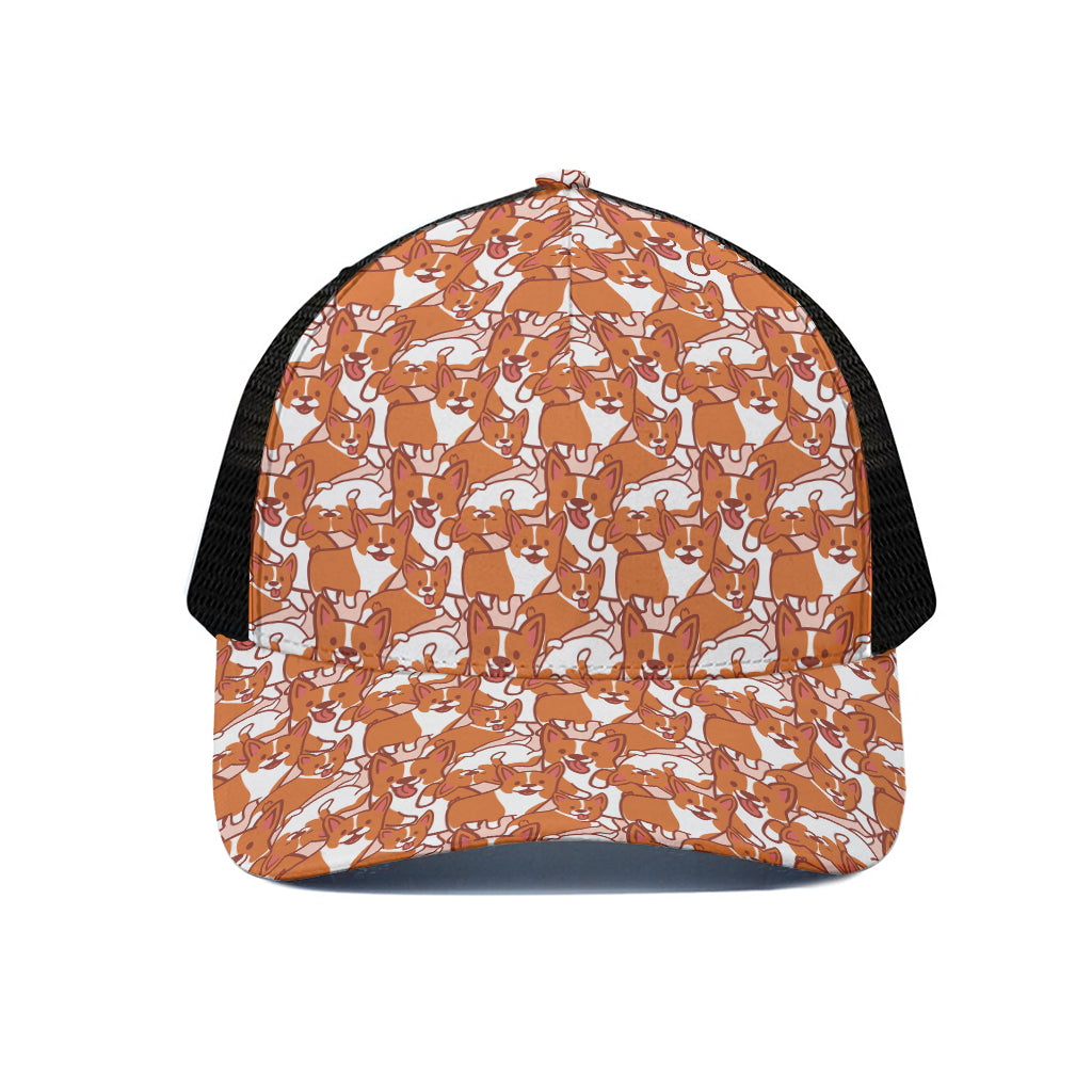 Cute Corgi Pattern Print Black Mesh Trucker Cap
