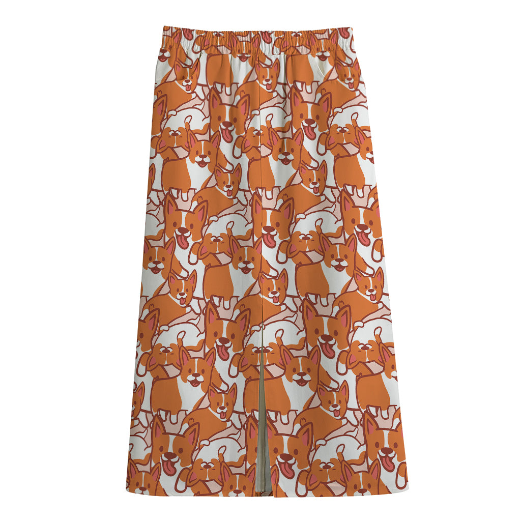 Cute Corgi Pattern Print Cotton Front Slit Maxi Skirt