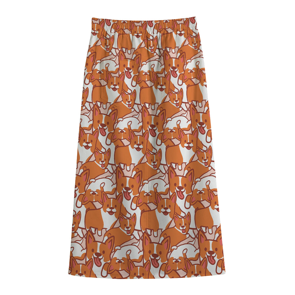 Cute Corgi Pattern Print Cotton Front Slit Maxi Skirt