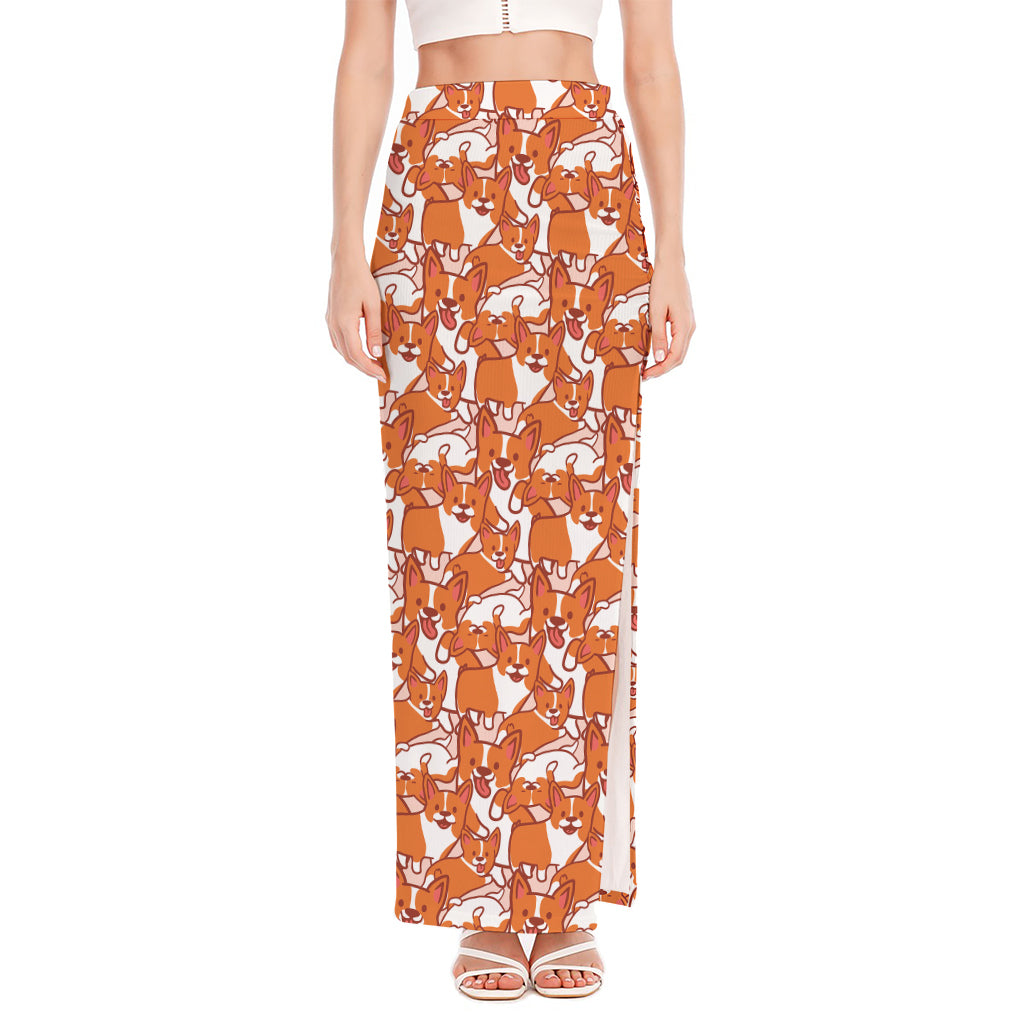 Cute Corgi Pattern Print High Slit Maxi Skirt