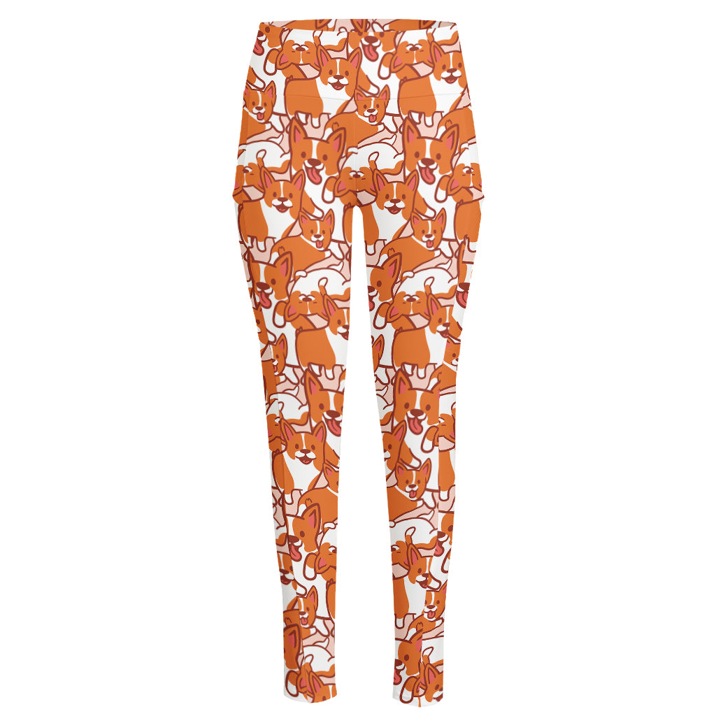 Cute Corgi Pattern Print High-Waisted Pocket Leggings