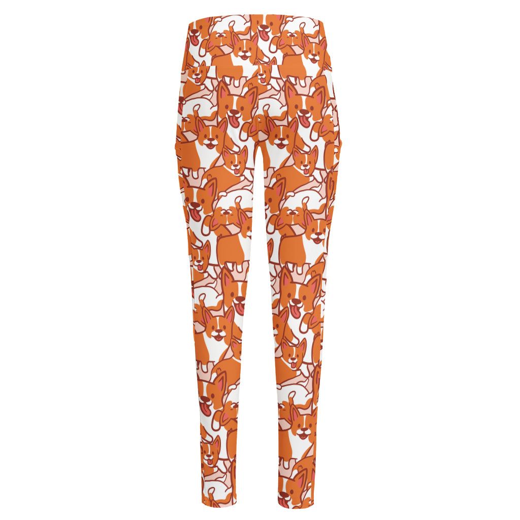 Cute Corgi Pattern Print High-Waisted Pocket Leggings