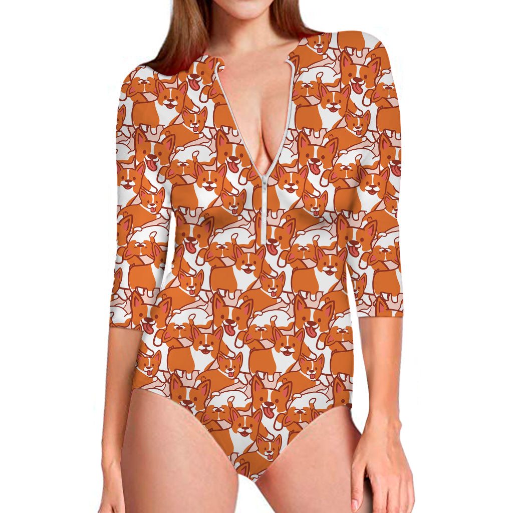 Cute Corgi Pattern Print Long Sleeve Swimsuit