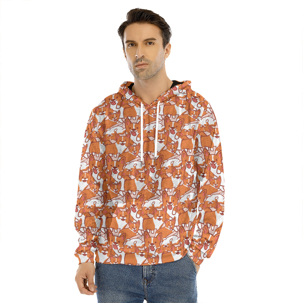 Cute Corgi Pattern Print Men's Velvet Pullover Hoodie