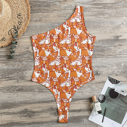 Cute Corgi Pattern Print One Shoulder Bodysuit