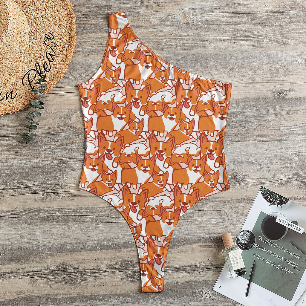 Cute Corgi Pattern Print One Shoulder Bodysuit