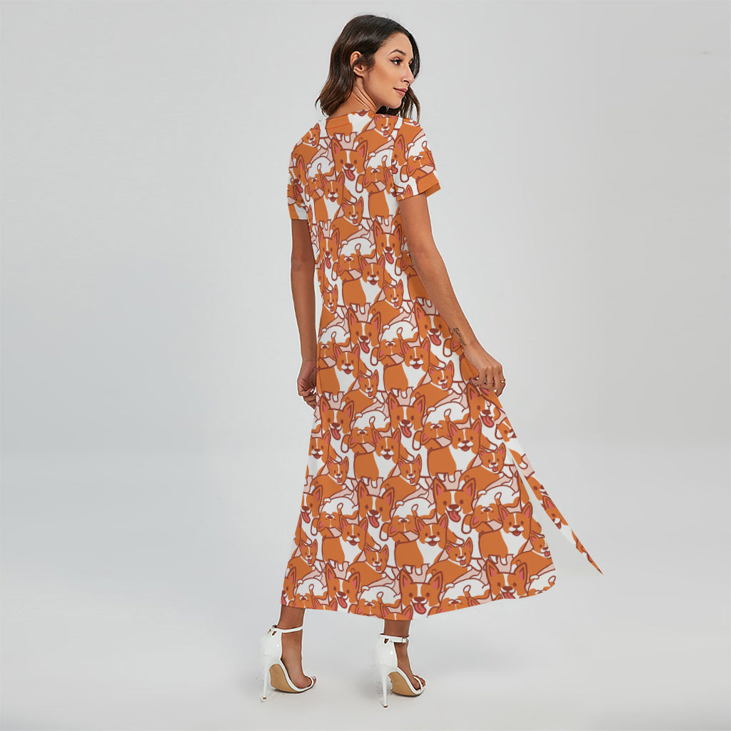 Cute Corgi Pattern Print Short Sleeve Maxi Dress