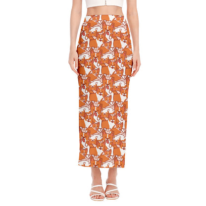 Cute Corgi Pattern Print Side Slit Maxi Skirt