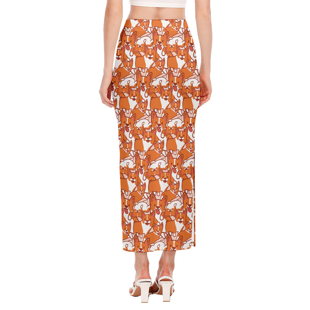 Cute Corgi Pattern Print Side Slit Maxi Skirt
