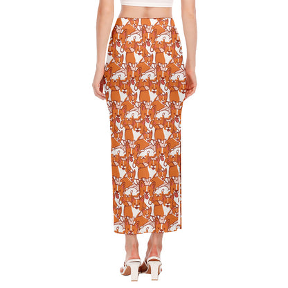 Cute Corgi Pattern Print Side Slit Maxi Skirt