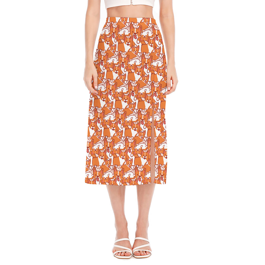 Cute Corgi Pattern Print Side Slit Midi Skirt