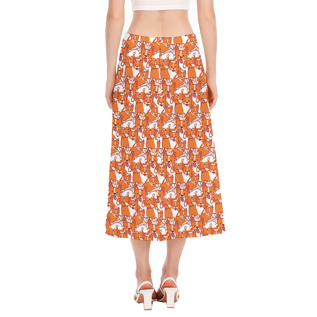 Cute Corgi Pattern Print Side Slit Midi Skirt
