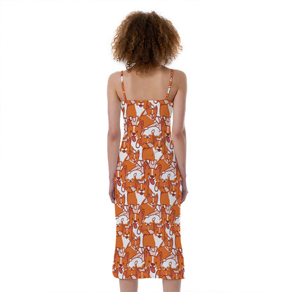 Cute Corgi Pattern Print Slim Fit Midi Cami Dress