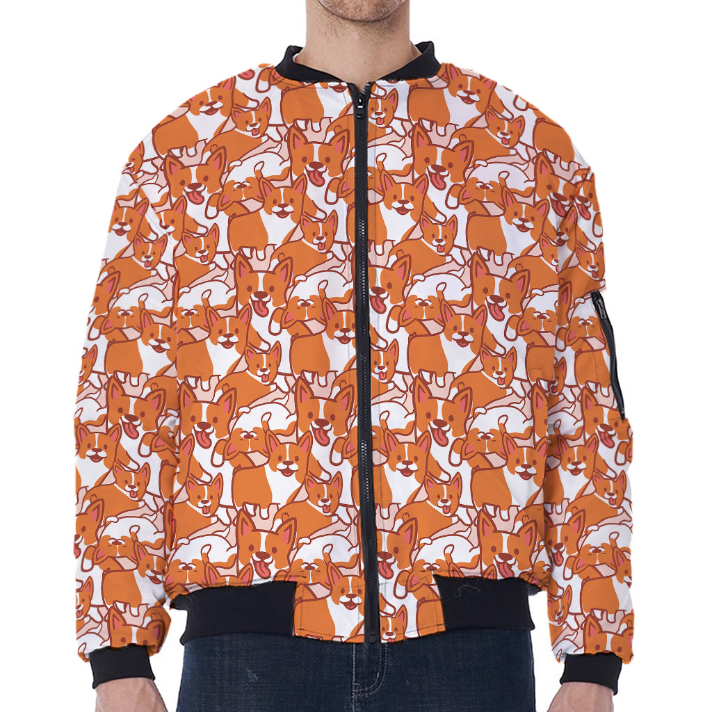 Cute Corgi Pattern Print Zip Sleeve Bomber Jacket