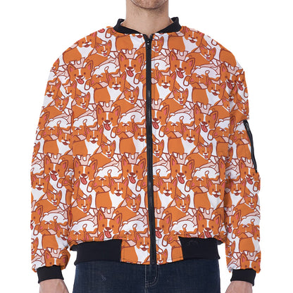 Cute Corgi Pattern Print Zip Sleeve Bomber Jacket