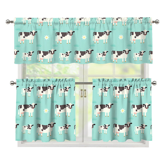 Cute Cow And Baby Cow Pattern Print 3 Piece Kitchen Curtains