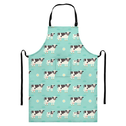 Cute Cow And Baby Cow Pattern Print Bib Apron With Pocket