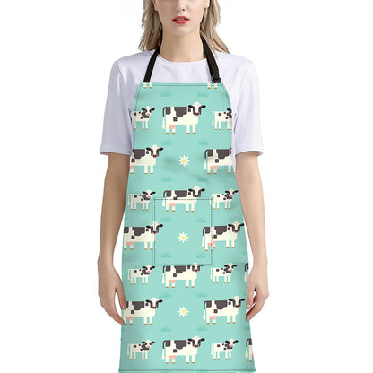 Cute Cow And Baby Cow Pattern Print Bib Apron With Pocket