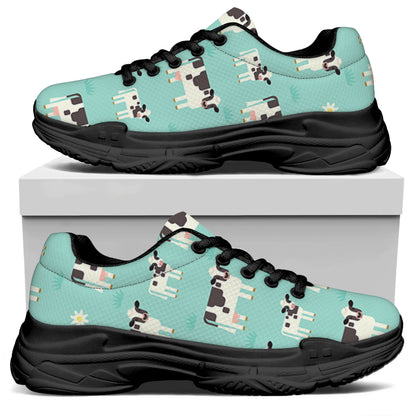 Cute Cow And Baby Cow Pattern Print Black Chunky Shoes