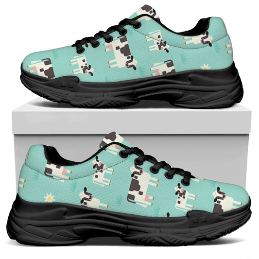 Cute Cow And Baby Cow Pattern Print Black Chunky Shoes