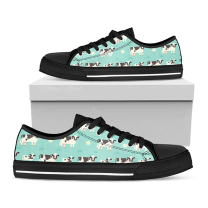 Cute Cow And Baby Cow Pattern Print Black Low Top Sneakers