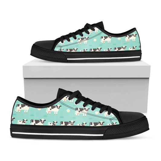 Cute Cow And Baby Cow Pattern Print Black Low Top Sneakers