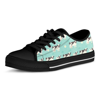 Cute Cow And Baby Cow Pattern Print Black Low Top Sneakers