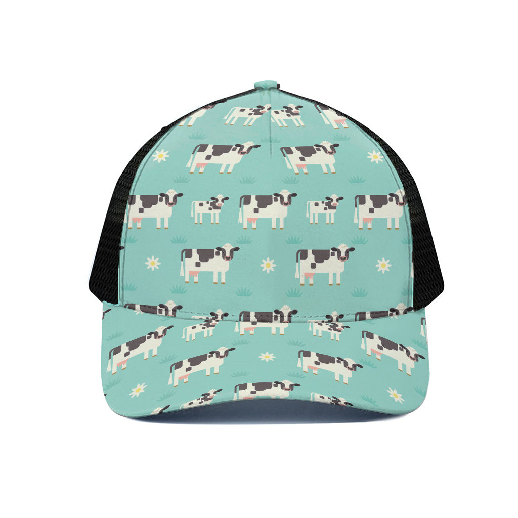Cute Cow And Baby Cow Pattern Print Black Mesh Trucker Cap