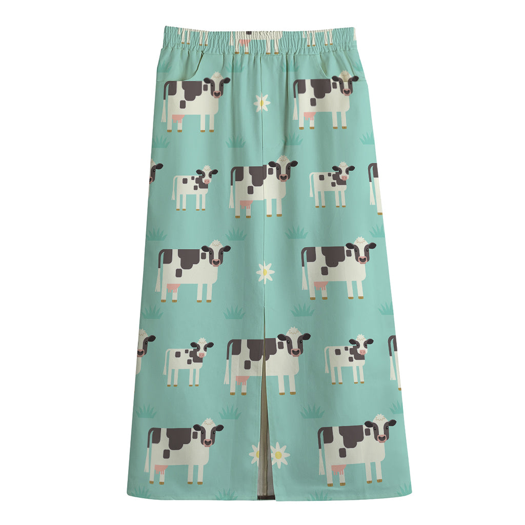 Cute Cow And Baby Cow Pattern Print Cotton Front Slit Maxi Skirt