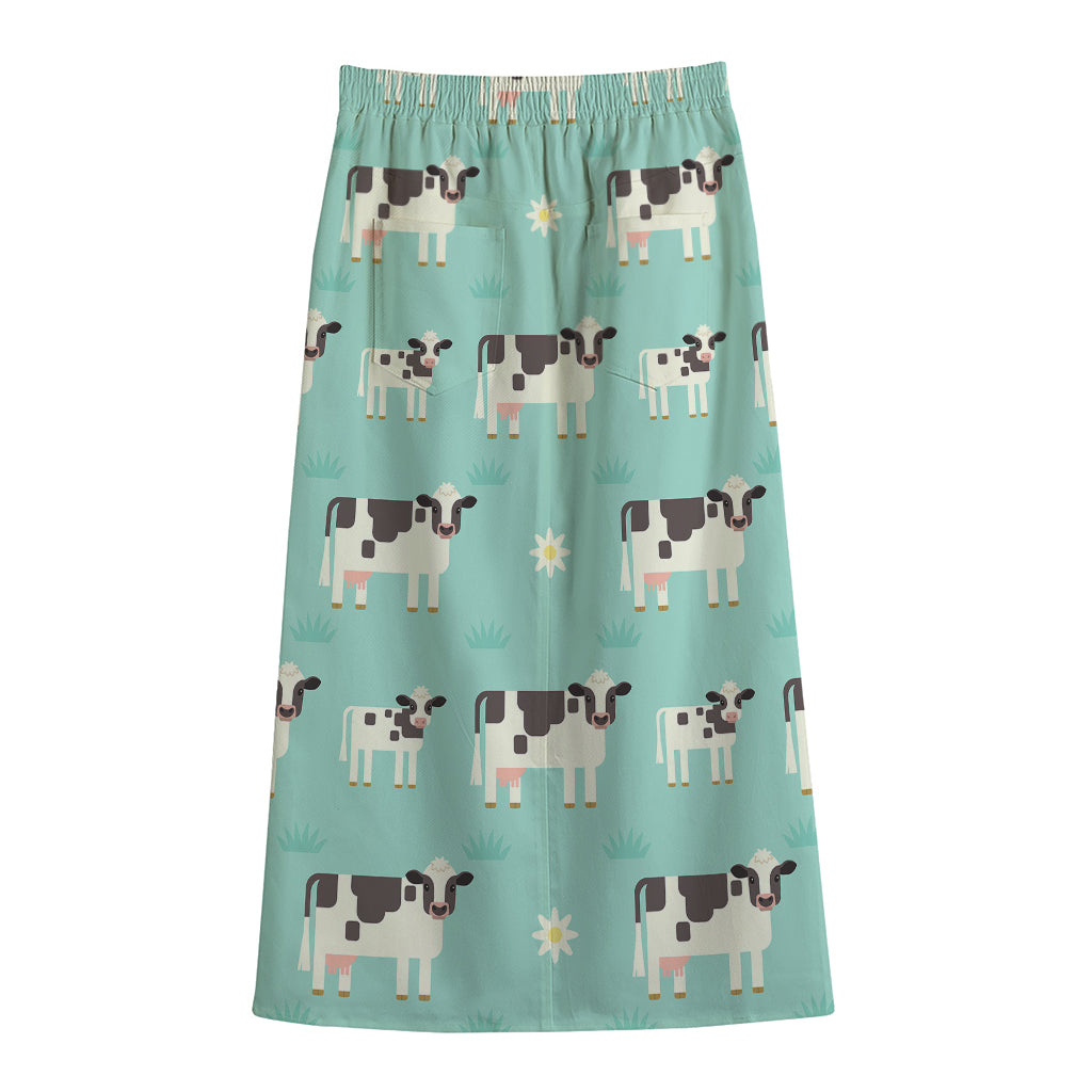 Cute Cow And Baby Cow Pattern Print Cotton Front Slit Maxi Skirt
