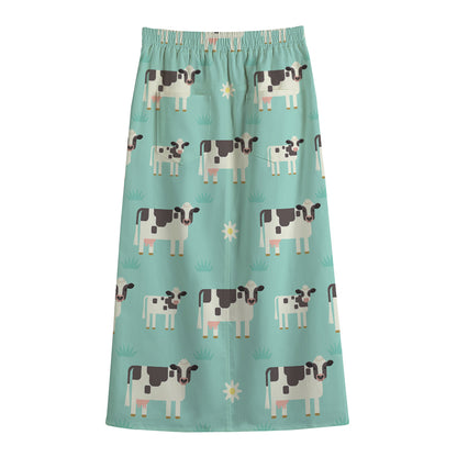 Cute Cow And Baby Cow Pattern Print Cotton Front Slit Maxi Skirt