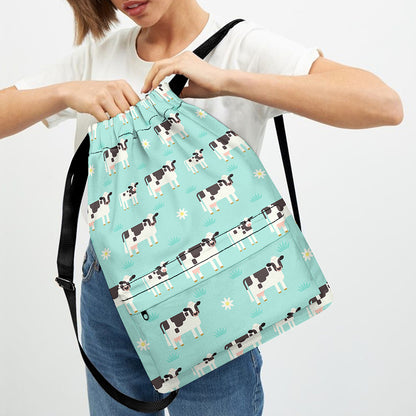 Cute Cow And Baby Cow Pattern Print Drawstring Backpack