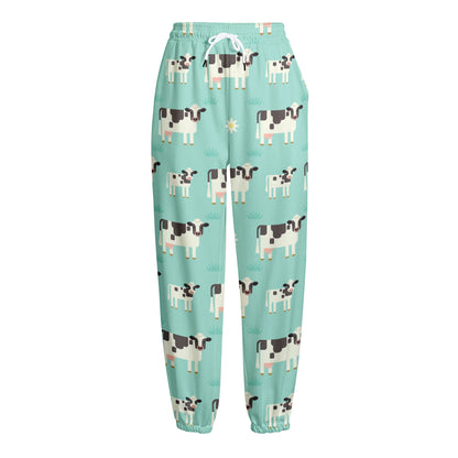 Cute Cow And Baby Cow Pattern Print Fleece Lined Knit Pants