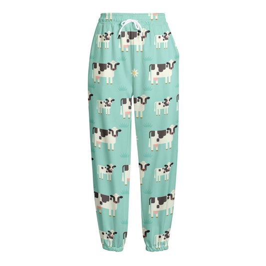 Cute Cow And Baby Cow Pattern Print Fleece Lined Knit Pants