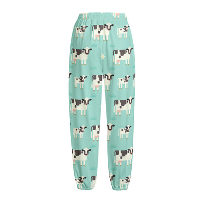 Cute Cow And Baby Cow Pattern Print Fleece Lined Knit Pants